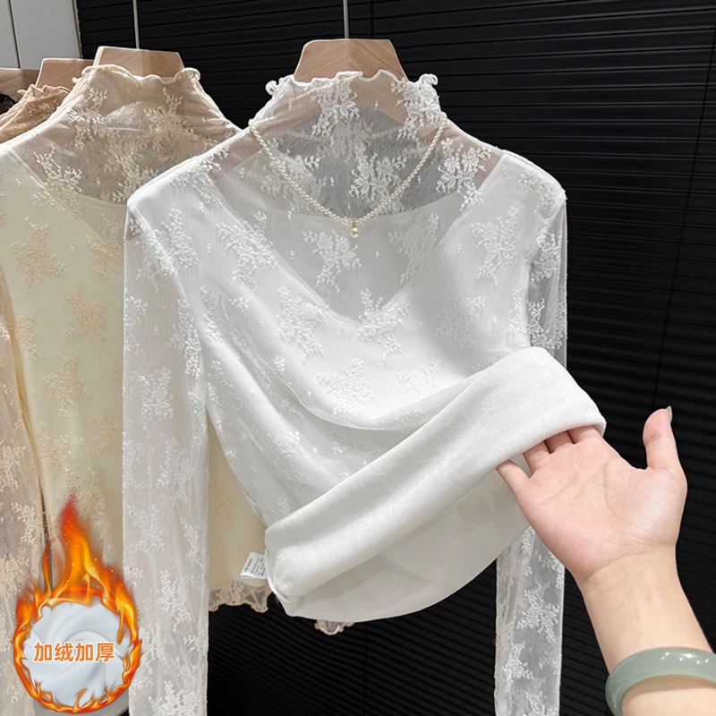Fleece-Lined and Thickened Half-High Collar Lace Base Shirt for Women, Autumn and Winter Slim-Fit Layering Inner Top, Long-Sleeved White Shirt Fleece-Lined and Thickened Half-High Collar Lace Base Shirt for Women, Autumn and Winter Slim-Fit Layering Inner Top, Long-Sleeved White Shirt