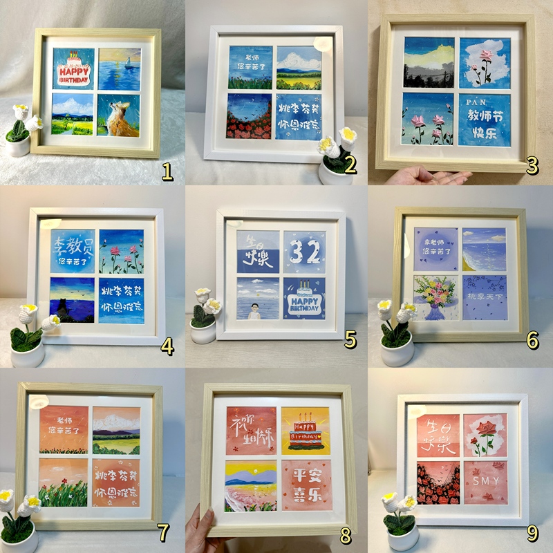 Finished Product】Dopamine Hand-Painted Gift for Teacher, Birthday Four-Panel Oil Pastel Tabletop Display, New Chinese-Style Hand-Painted Wall Art