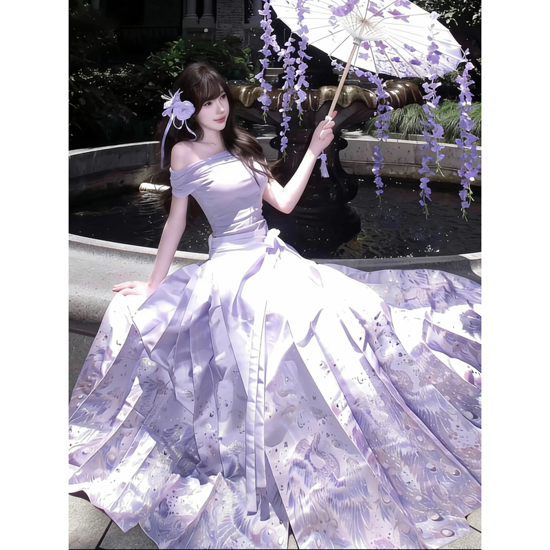 New Chinese-Style Off-Shoulder Sleeveless Top with Waist-Cinching Mamian Skirt Purple Improved Hanfu Dress Women's Two-Piece Set