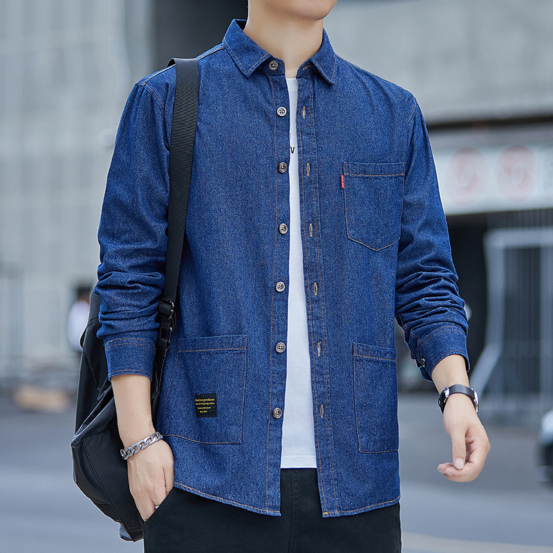 Daily Autumn Pure Cotton Denim Shirt Men's Long-Sleeved Hong Kong Style Casual Shirt Autumn Jacket Shirt Breathable Solid Color