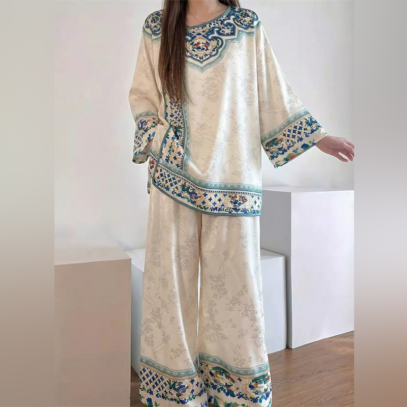 Off-Wixuk Palace-Style Pajamas for Women, Autumn Ice Silk Cool Long-Sleeve Retro High-End New Chinese-Style Loungewear Set Off-Wixuk Palace-Style Pajamas for Women, Autumn Ice Silk Cool Long-Sleeve Retro High-End New Chinese-Style Loungewear Set