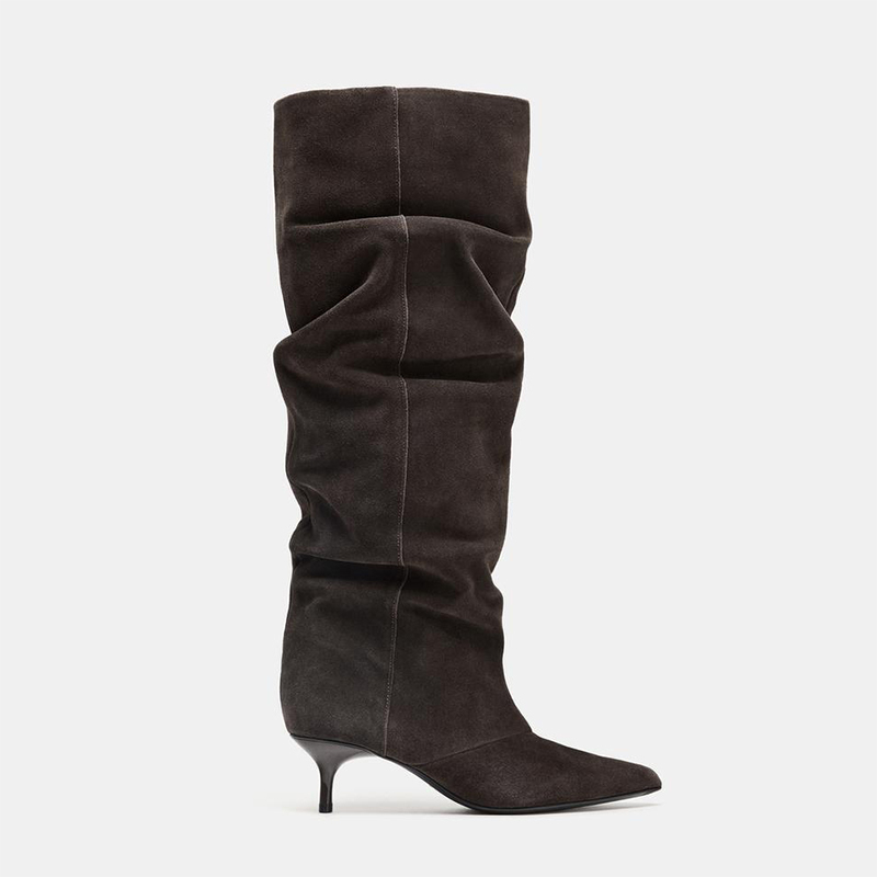 Za2025 New Style Cat Heel Pleated Long Boots, Pointed Toe Over-The-Knee High Boots, Retro Wide Calf Riding Boots