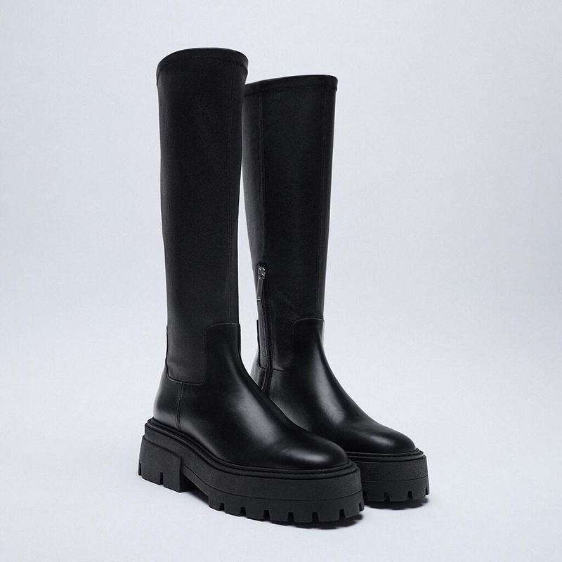 Za Black Groove Pattern Sole High Boots 2025 Autumn Thick Sole No More Than Knee Boots Women's Thick Heel Slim Knight Boots