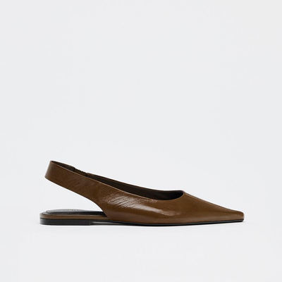 ZA2026 Spring New Style pointed-toe flat flip-top sandals, one-strap back empty single shoes, genuine leather flat sandals for women