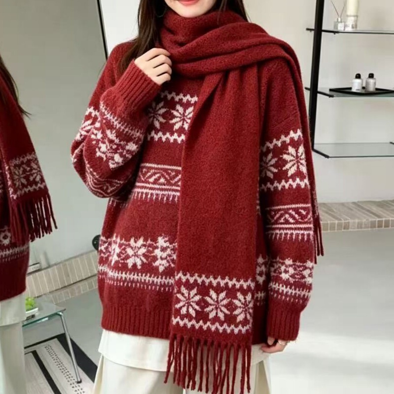 Christmas Atmosphere Knitted Sweater with Scarf for Women 2026 Winter New Style Plus Size Thickened Top for the Year of Birth Christmas Atmosphere Knitted Sweater with Scarf for Women 2026 Winter New Style Plus Size Thickened Top for the Year of Birth