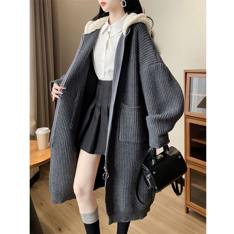 Loose Plus-Size Autumn and Winter Retro Lazy Style Knitted Cardigan for Women, Mid-Length New Hooded Sweater Coat Loose Plus-Size Autumn and Winter Retro Lazy Style Knitted Cardigan for Women, Mid-Length New Hooded Sweater Coat