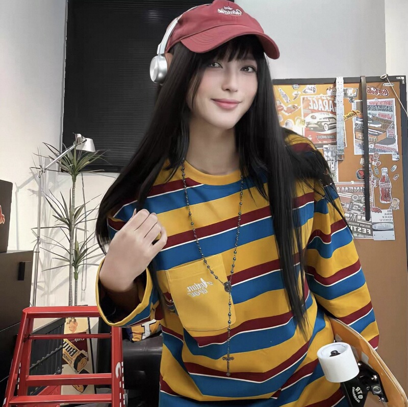 American Retro Striped Color-Block Round Neck Pure Cotton Long-Sleeve T-Shirt for Women, Autumn Loose Fit Versatile Youthful Top Trendy