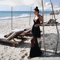 @OM new black sexy perspective mesh stitching beach skirt seaside vacation swimsuit outer tie dress female