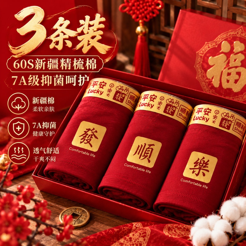 Men's Red Cotton Underwear for the Year of Birth, Red Boxer Briefs, 7A Grade Antibacterial, Wedding Briefs, Large Size, Men's Boxer Shorts