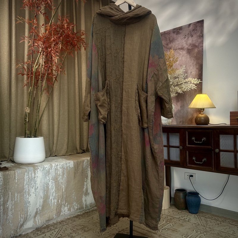 Shijiu Home [Guanyin] Original Design, Bohemian Style Embroidery Craftsmanship, Linen Patchwork Hooded Robe for Spring, Summer, and Autumn