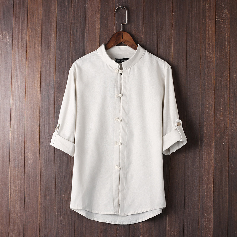 Chinese style men's large size seven-point sleeve disc buckle linen shirt stand-up collar Ethnic cotton and hemp top mid-sleeve Tang dress spring and summer