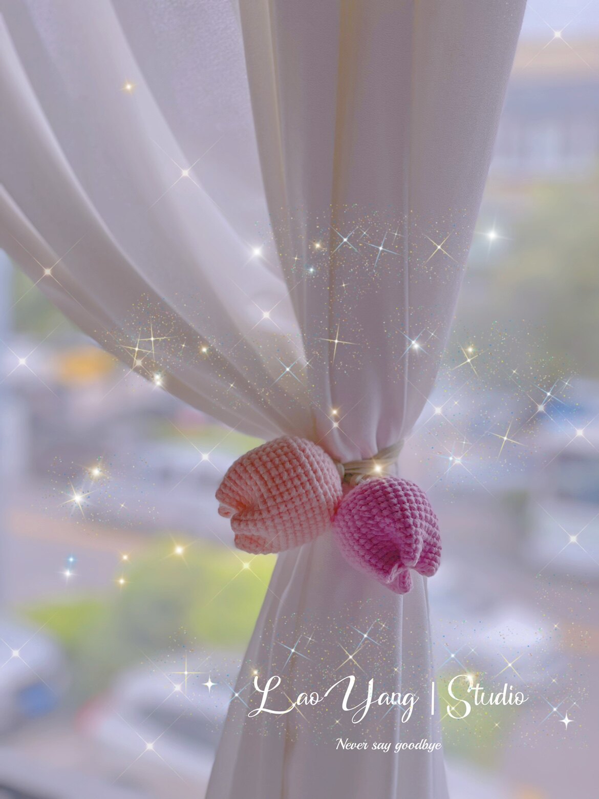 Hand-woven crochet pastoral pink tulip curtain drawstring small fresh flower tie