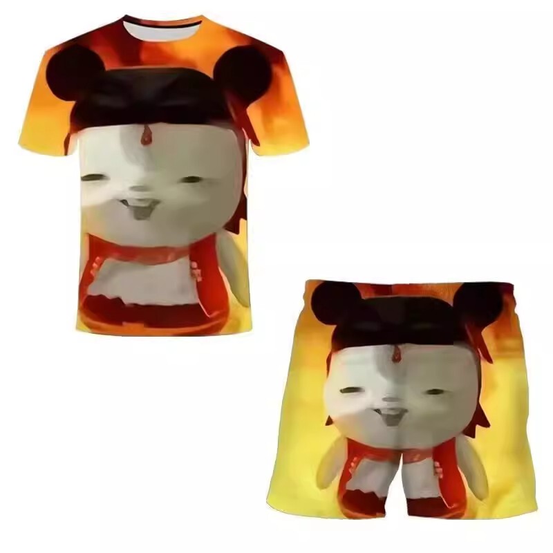 Summer Magic Pill Clothes Hu Ba Nezha Ao Bing Emoji 3D Printed Short-Sleeve Shorts Set Parody Abstract Unisex