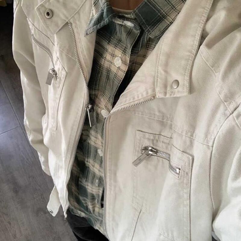 American Vintage Washed Canvas Denim Jacket for Men and Women, Multi-Pocket Stand Collar Workwear Couple Jacket