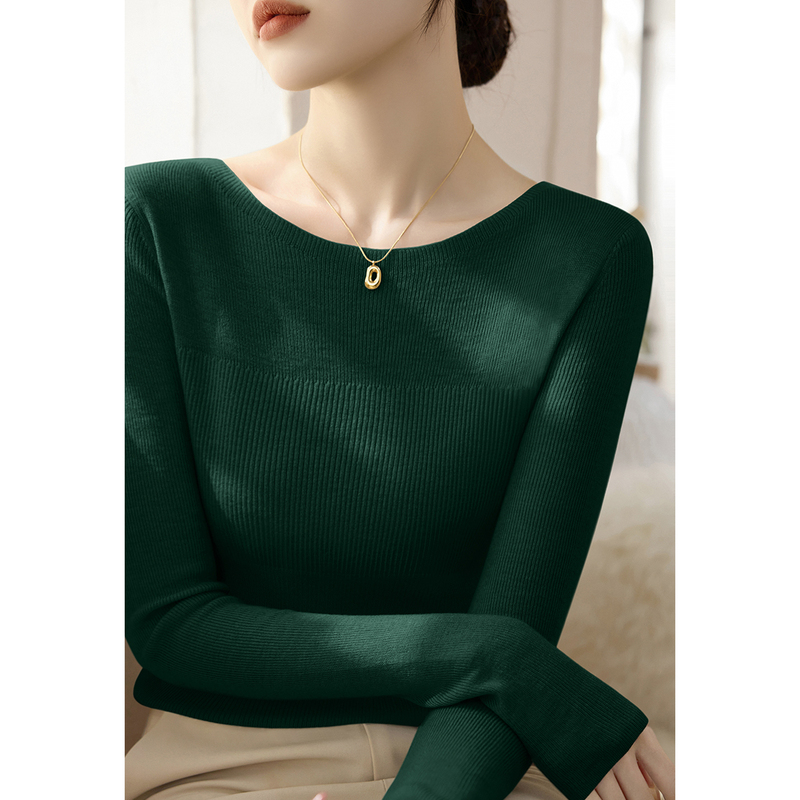 Retro Accessible Luxury Green Pullover One-Line Collar Wool Knitwear Top Women's Thin Slim Fit Slimming Bottoming Knitwear