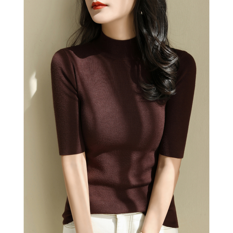 Autumn Melard Brown Fashionable Half-High Collar Five-Quarter Sleeve Knit Sweater for Women 2026 New Model Sheep Wool Pullover Base Shirt Autumn Melard Brown Fashionable Half-High Collar Five-Quarter Sleeve Knit Sweater for Women 2026 New Model Sheep Wool Pullover Base Shirt
