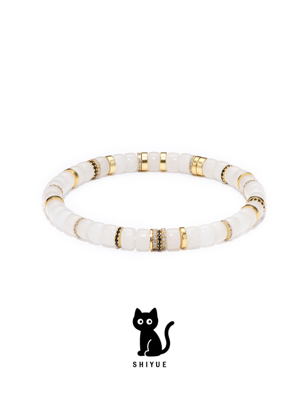 Shiyue White Moonlight Natural White Jade Tablet Bracelet Silver Gold-Plated Light Luxury Versatile Bracelet Gift for Men and Women