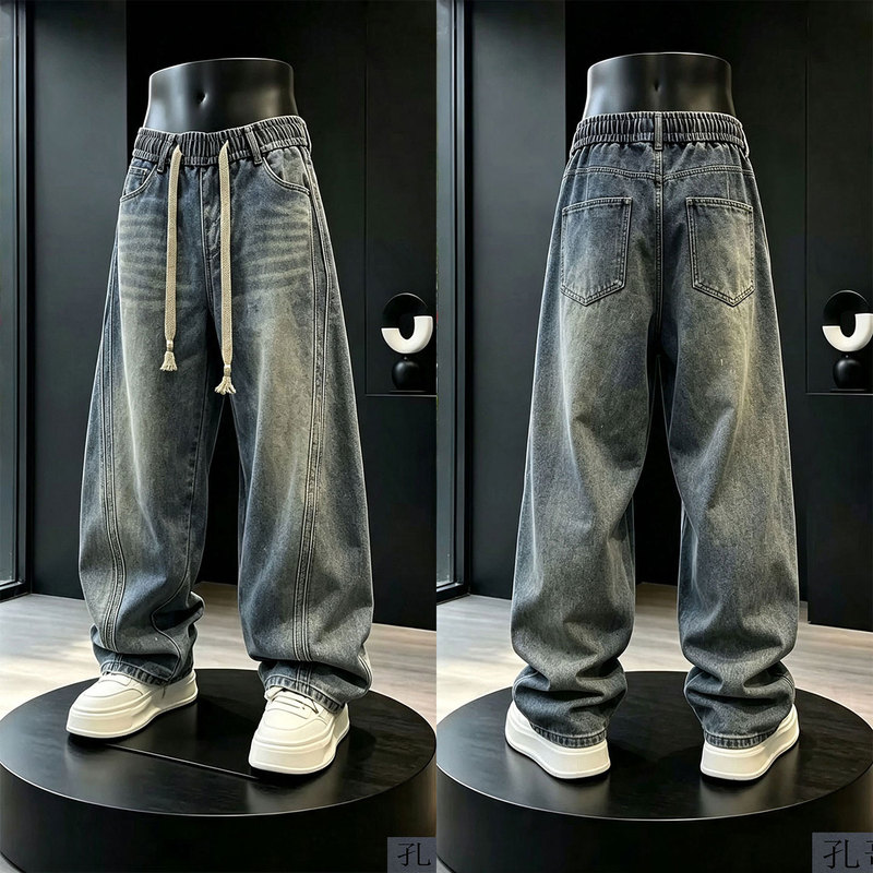 Trendy Retro Distressed Washed Scimitar Jeans for Men 2026 Autumn and Winter Loose Large Size Wide-Leg Casual Dad Pants