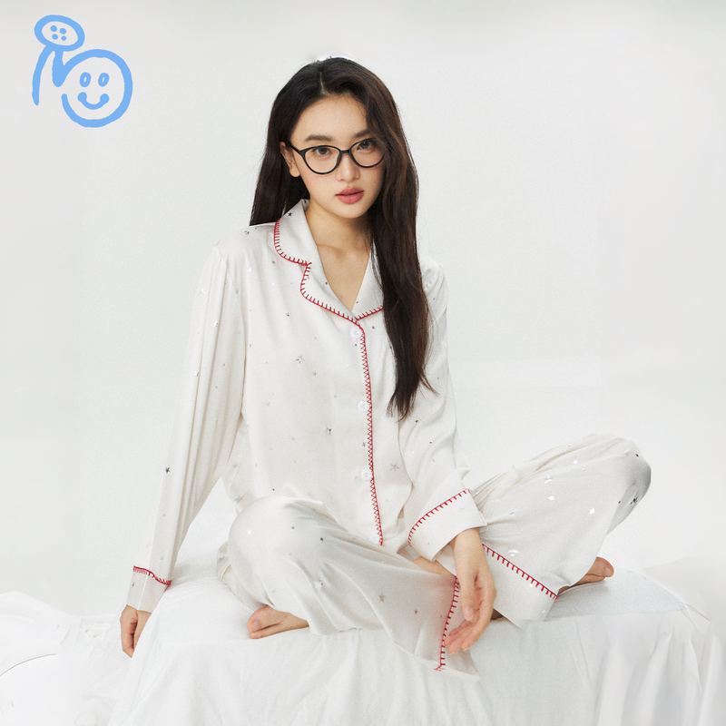 Nobuttons Ice Silk Pajamas for Women, Spring and Autumn Set, Korean-Style Sweet Star Gold-Stamped High-End Long-Sleeve Loungewear
