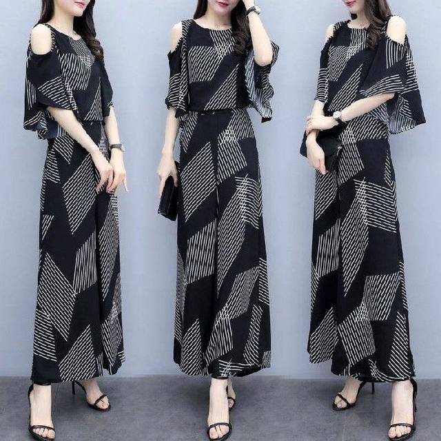 2023 new summer Korean fashion suit women's trendy loose and thin off-the-shoulder top + wide-leg pants two-piece set