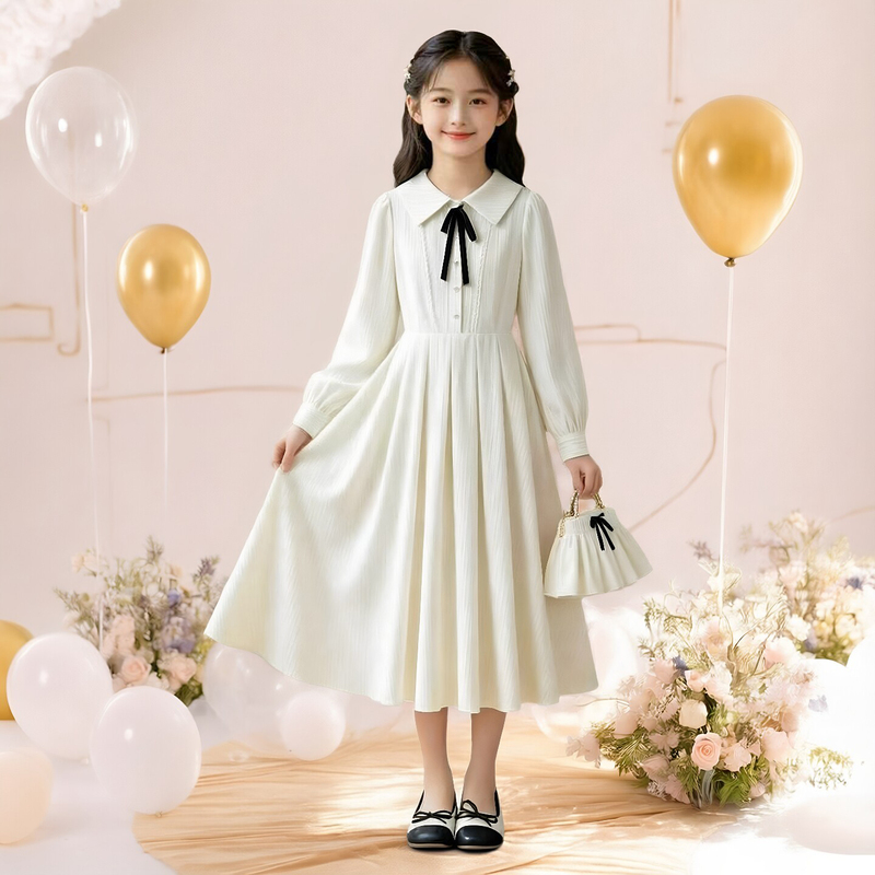 Girls' French Preppy Style Dress 2026 Autum New Junior High School Student White Long Dress Kidsren's Girl Princess Dress Girls' French Preppy Style Dress 2026 Autum New Junior High School Student White Long Dress Kidsren's Girl Princess Dress
