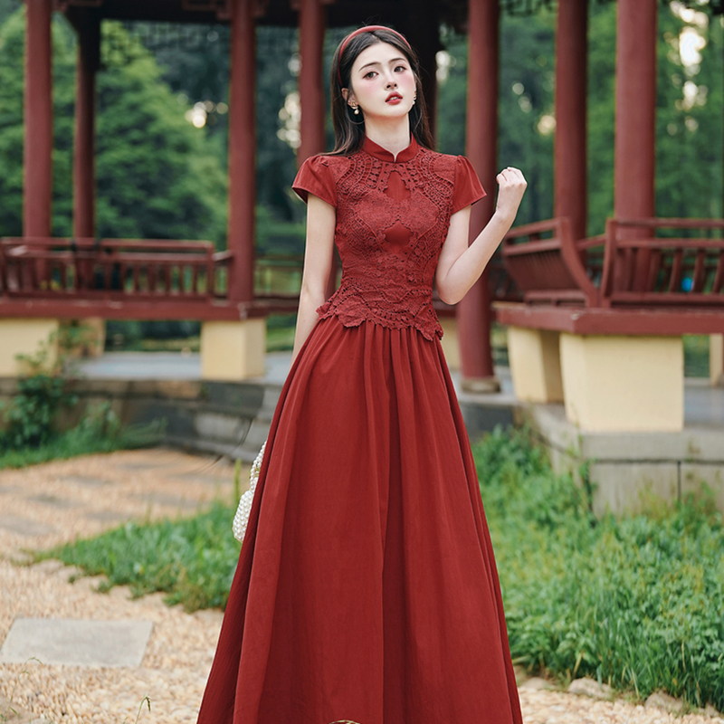 New Chinese-Style Daily Red Embroidered Engagement Improved Cheongsam Toast Dress Small Formal Dress Bride's Homecoming Casual Dress