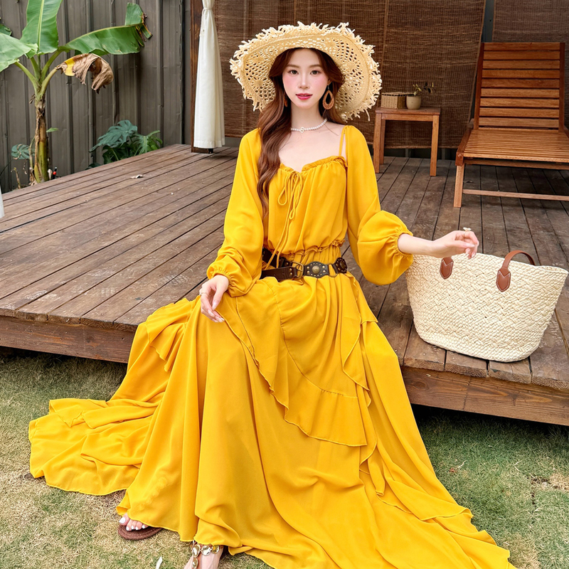 Yellow Cake Dress with a Desert Travel Vibe, Ethnic Style from the Northwest Xinjiang Grasslands, Island Style Long Skirt with a Large Hem Yellow Cake Dress with a Desert Travel Vibe, Ethnic Style from the Northwest Xinjiang Grasslands, Island Style Long Skirt with a Large Hem