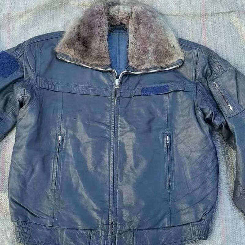 02 Winter 80% New Flight Leather Jacket Men's Leather Jacket Convertible Stand-Up Collar Bomber Jacket Sky Blue Flight Suit