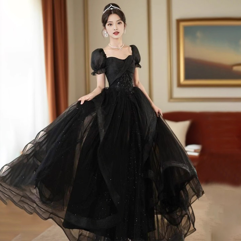 Black High-End Evening Dress for Banquet Host, Birthday Party, Coming-Of-Age Ceremony, Talent Show, Graduation Dress