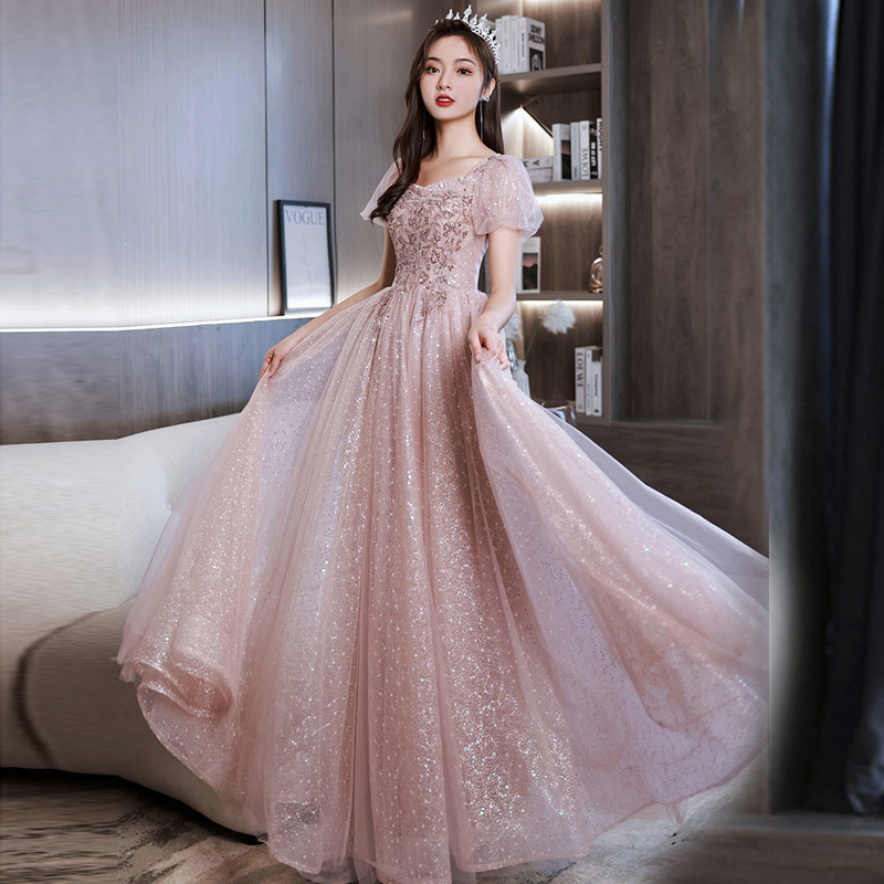 French-Style Pink Evening Dress for Women, Elegant and Classy for Banquets, Hosting, Graduation, and Art Exams, Long Princess Dress