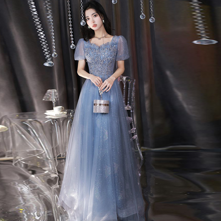 Blue High-End Banquet Host Dress, 18-Year-Old Coming-Of-Age Ceremony Piano Vocal Art Exam Graduation Dress