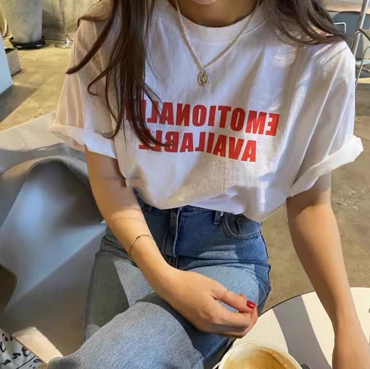 South Korea Dongdaemun 2026 Summer New Fashion Loose Slimming Letter Print White Round Neck Short-Sleeved T-Shirt for Women