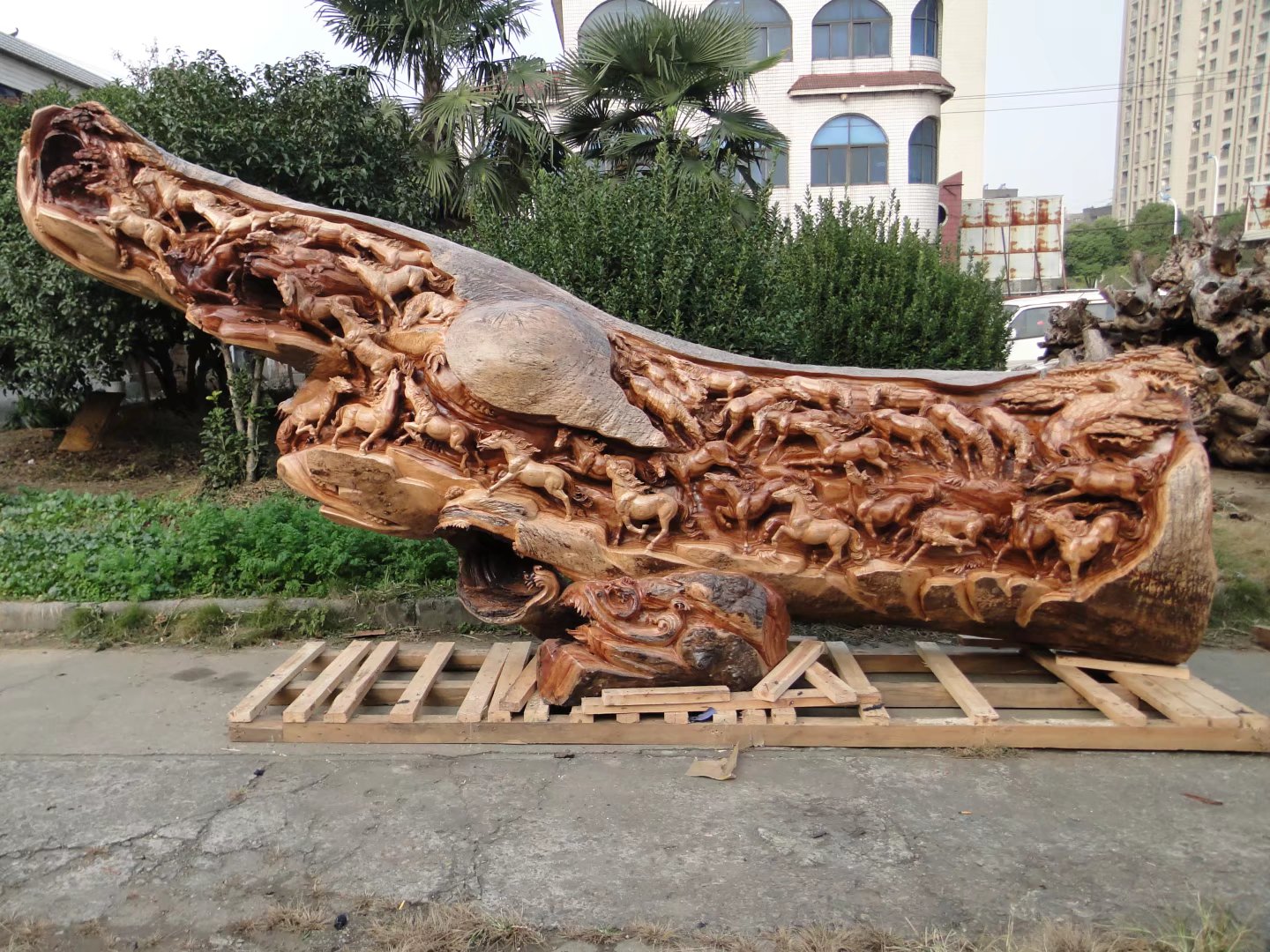 中国　彩色木彫　漢詩鹿虎獅子馬刻　屏風　衝立　D　R8122 中国 彩色木彫 漢詩鹿虎獅子馬刻 屏風 衝立 D R8122 中国 彩色木彫