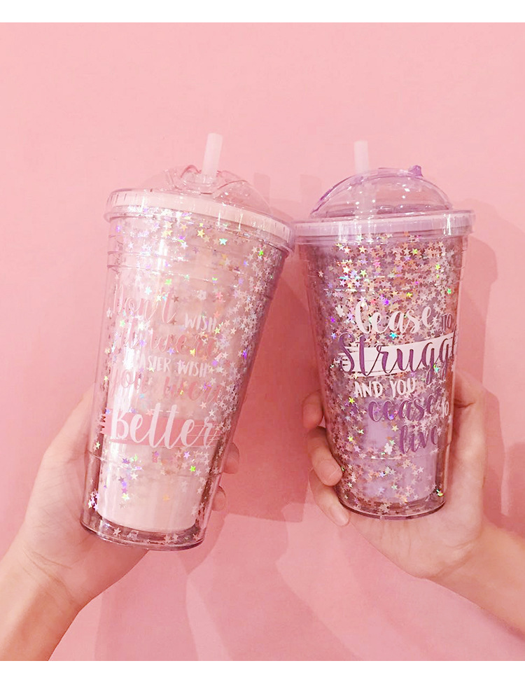 Girl Heart Star Sparks Sipper Water Cup Sinh viên Hàn Quốc Chất liệu tươi và đáng yêu Hàn Quốc Net Red Ins Portable Summer bình thuỷ tinh đựng nước