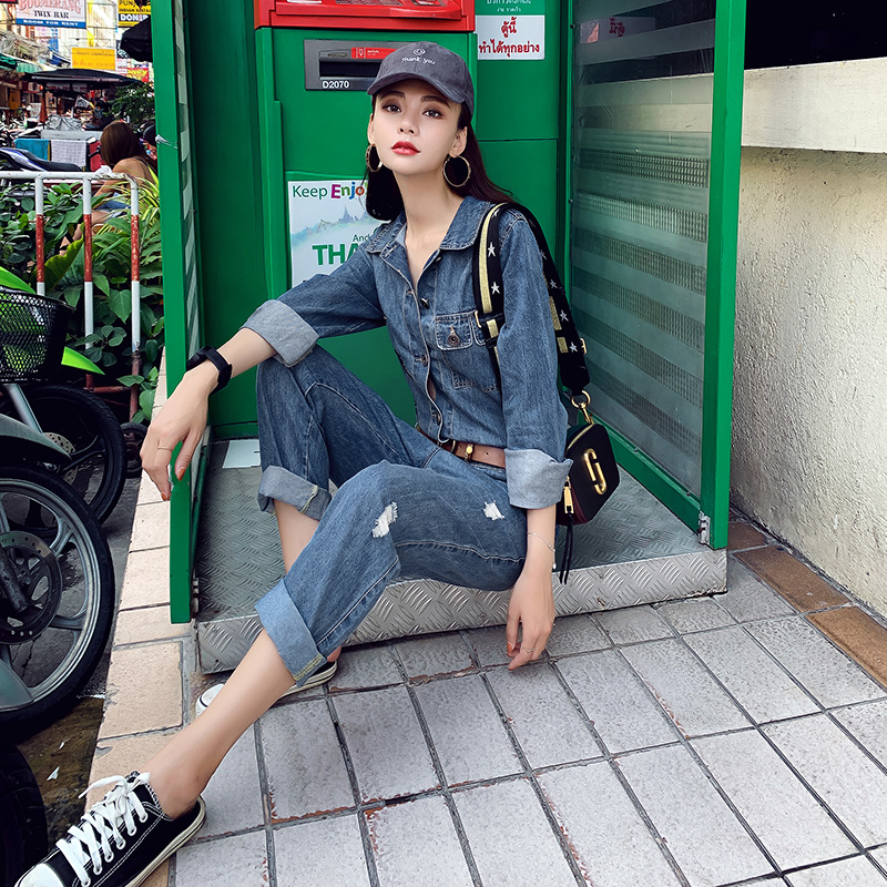 Denim jumpsuit bảo hộ lao động dài tay thiết lập năm 2020 net mới màu đỏ Hàn Quốc phiên bản của mùa xuân và mùa thu thủy triều chín điểm jumpsuit của phụ nữ