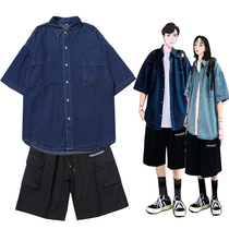 Summer Day Series Retro Loose Tooling Denim Shirt Shorts Boomer mens set with a handsome air casual suit