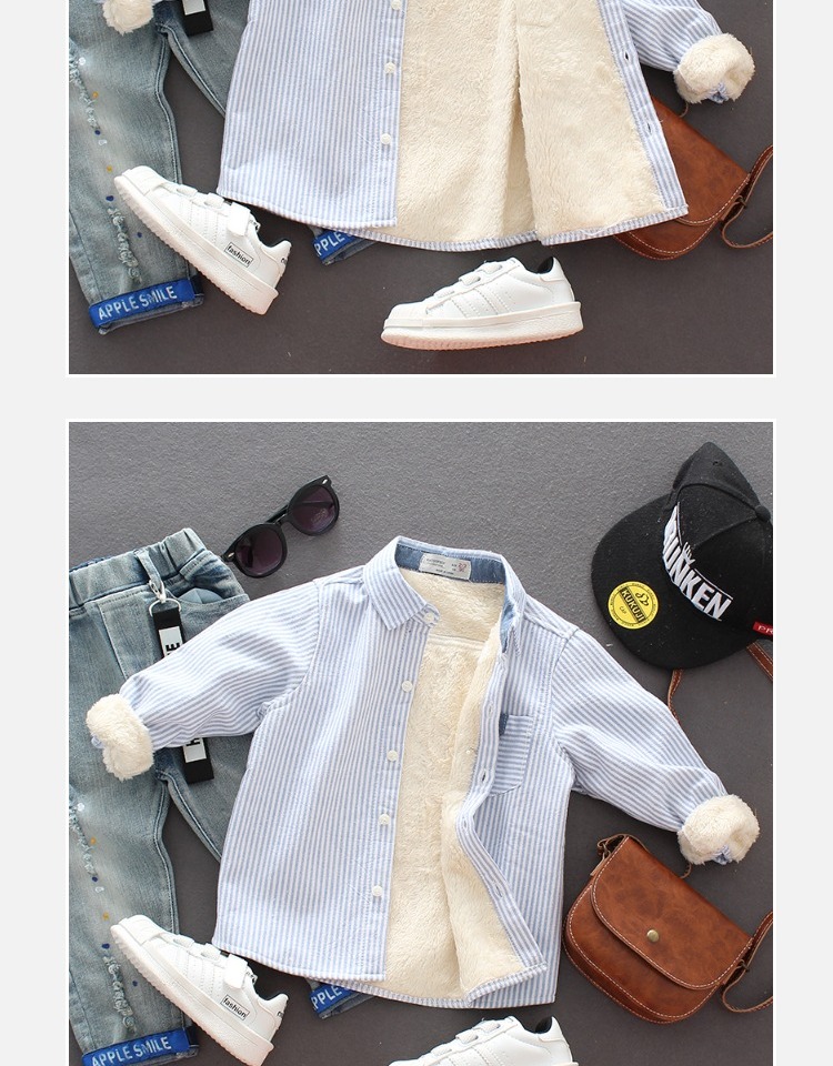Áo sơ mi bé trai cotton dài tay mùa thu đông mới Quần áo trẻ em trẻ em cộng với áo nhung dày Áo bé Hàn Quốc ấm áp sơ mi họa tiết cho bé gái