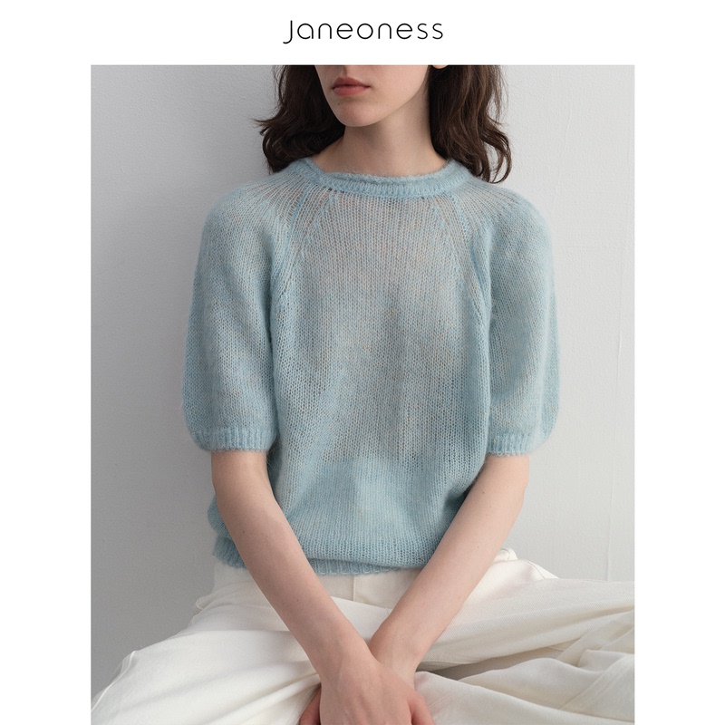 Janeoness Alpaca Wool Soft Round Neck Rolled Edge Puff Sleeve Knitted Sheer Short Sleeve Sweater for Women Autumn