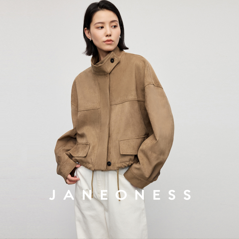 Janeoness Retro Stand-Up Collar Drawstring Silhouette Suede Loose Simple Casual Short Jacket for Women Spring & Fall