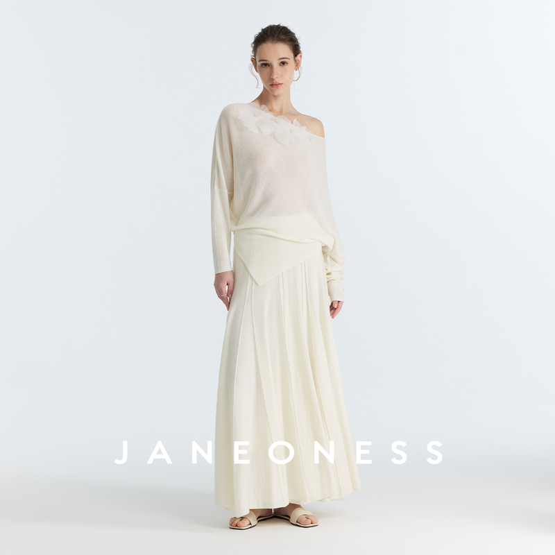 Janeoness Mercerized Wool Blend 48-Count Asymmetrical Off-Shoulder Top with Three-Dimensional Floral Embellishments for Women