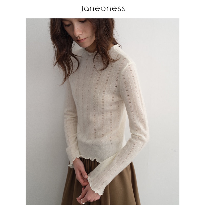 Janeoness Wool Alpaca Rolled Edge Hollow Jacquard Knit Vintage Base Sweater Top for Women Janeoness Wool Alpaca Rolled Edge Hollow Jacquard Knit Vintage Base Sweater Top for Women