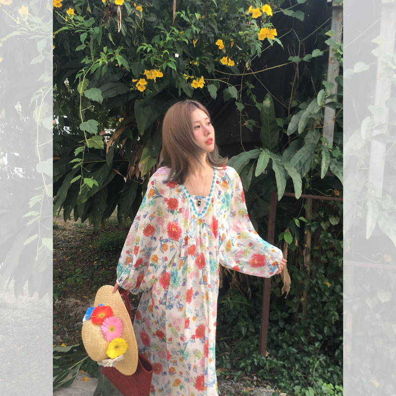 Jc Vintage Store "Summer Flowers" French Retro Floral Holiday Style Long-Sleeved Dress for Women Summer Loose A-Line Long Dress