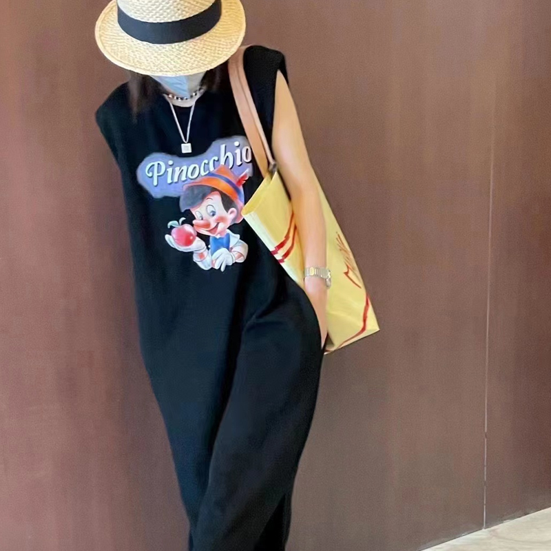 Summer Korean Style New Plus-Size Women's Sleeveless Long Dress, Loose Mid-Length Over-The-Knee Black Tank Dress