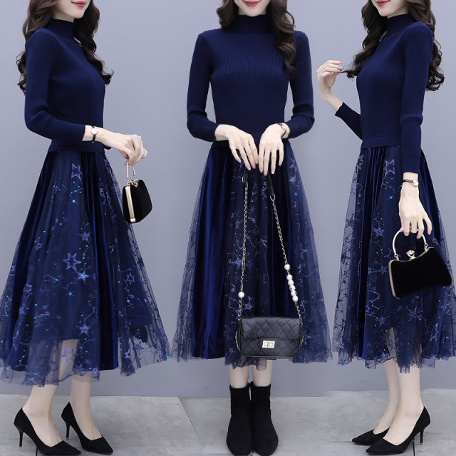 Net yarn stitching sweater dress fairy goddess Fan Qiudong dress new high-end western style is thin bottoming over-the-knee skirt