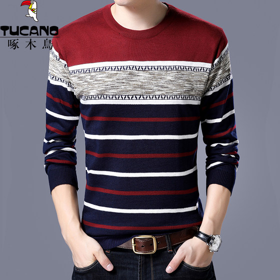 Woodpecker spring and autumn round neck long-sleeved T-shirt men's thin youth bottoming sweater trendy slim men's sweater