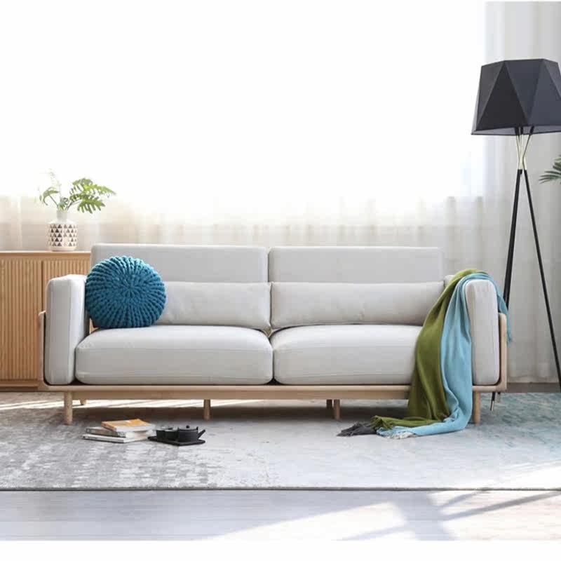 Japanese-style white wax wood solid wood sofa small household double sofa with double sofa simple modern living room fabric