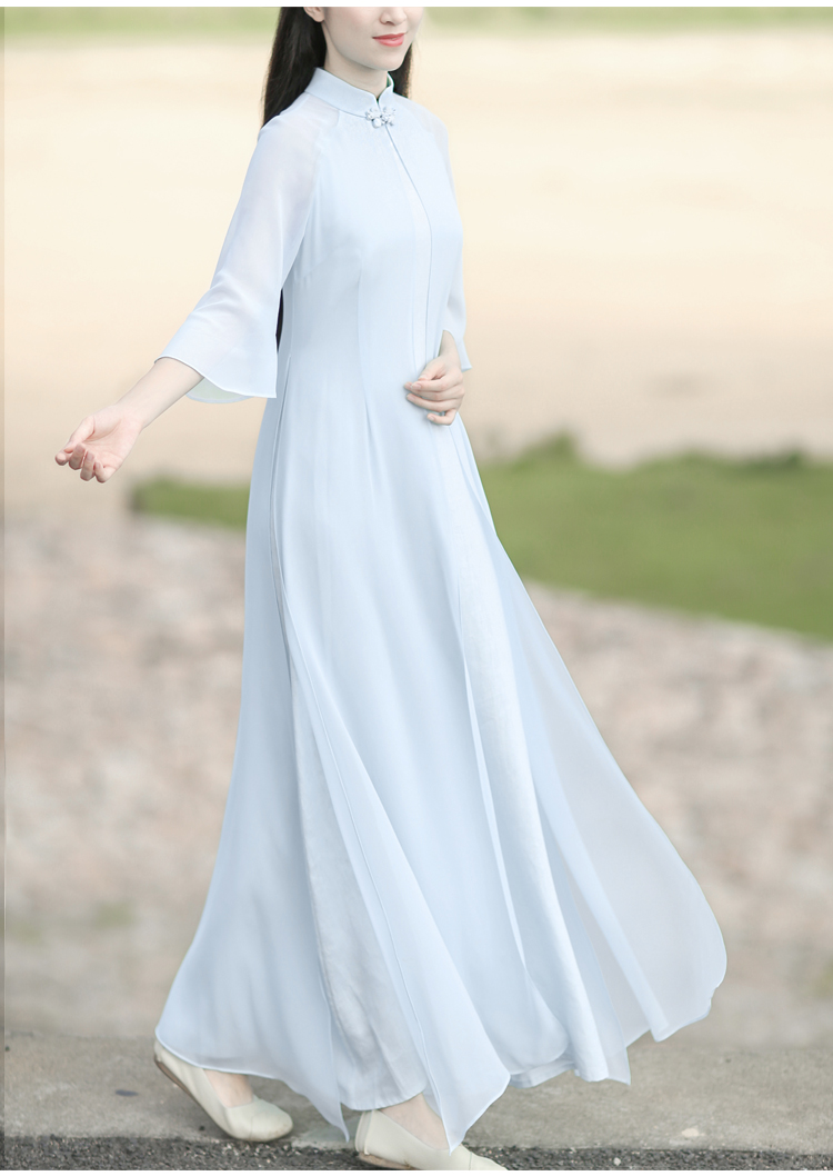 Su rèm Trung Quốc Zen nữ mùa hè khóa retro sửa đổi dịch vụ trà sườn xám phong cách cổ xưa Đầm voan Hanfu váy chiết eo