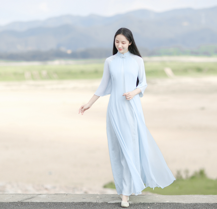 Su rèm Trung Quốc Zen nữ mùa hè khóa retro sửa đổi dịch vụ trà sườn xám phong cách cổ xưa Đầm voan Hanfu váy chiết eo