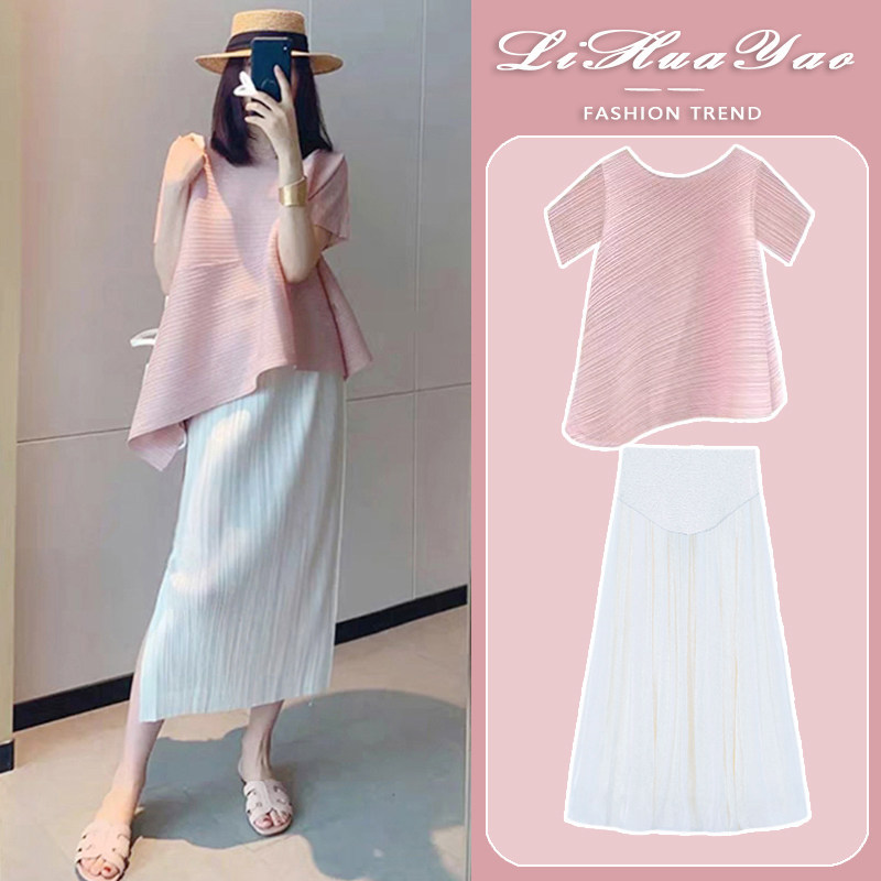 British Dhwa Maternity Dress Set 2026 Summer Style Fashionable Hot Mom Short-Sleeved Top and Skirt Two-Piece Set