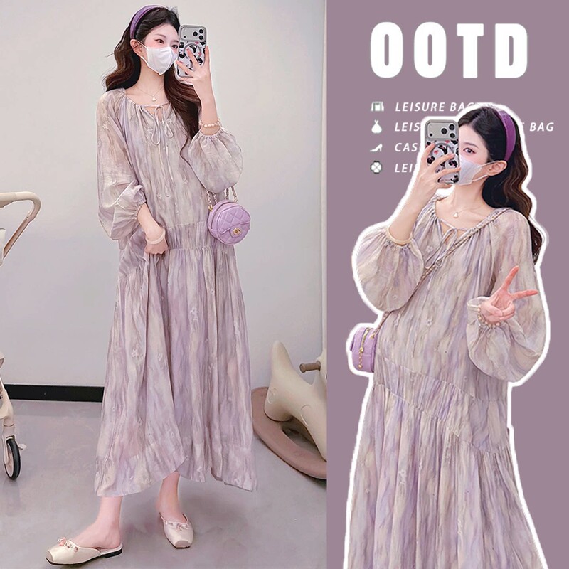 British Dhwa Maternity Wear 2026 Spring and Summer New Style French Romantic Loose Mid-Length Slimming Look V-Neck Women's Dress
